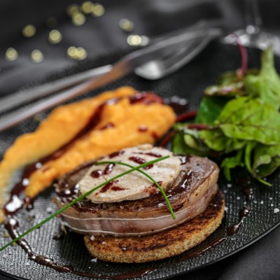 Rossini Tournedos, Balsamic Sauce and Sweet Potato Puree