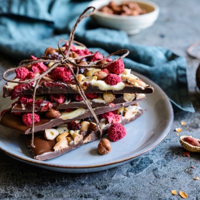 Peanut, hazelnut, cranberry and dried raspberry chocolate bars