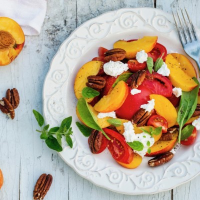 Yellow Nectarine, Tomato, Burrata, Pecan & Basil Salad with Pecan oil 